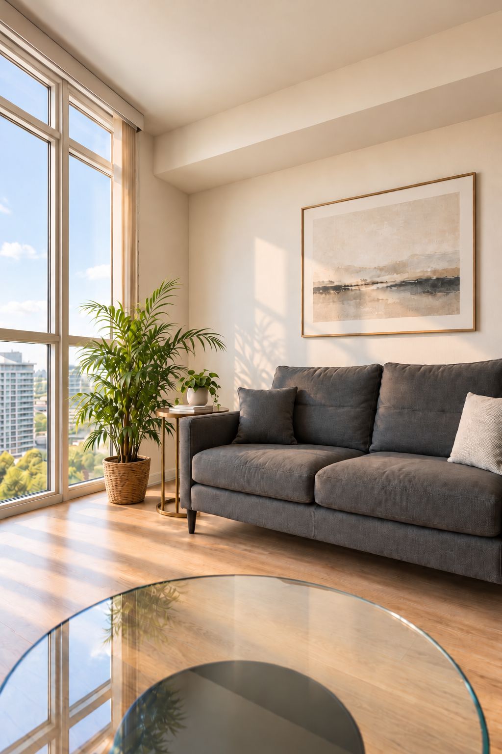 A modern living room with a grey sofa, a glass coffee table, a potted plant, and a framed artwork on the wall.