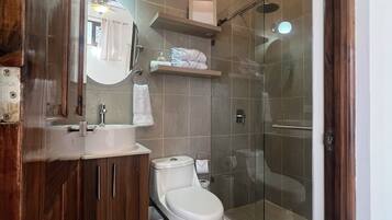 Douche, sĂšche-cheveux, bidet, serviettes fournies