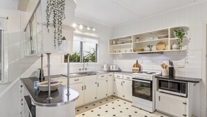 Une cuisine moderne avec des armoires blanches, un comptoir noir et une plante suspendue.