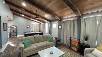 TV connectée, cheminée, livres