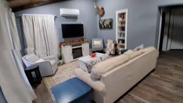 Smart TV, chimenea, libros