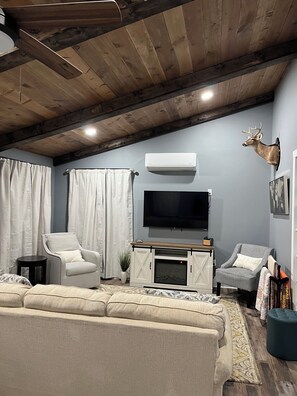 Smart TV, chimenea, libros