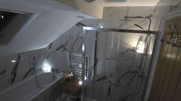 Shower, bidet, towels, soap