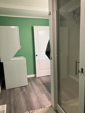 A room with a shower, a white door, and a green wall. - Cozy 1-bedroom railroad house (Lima)