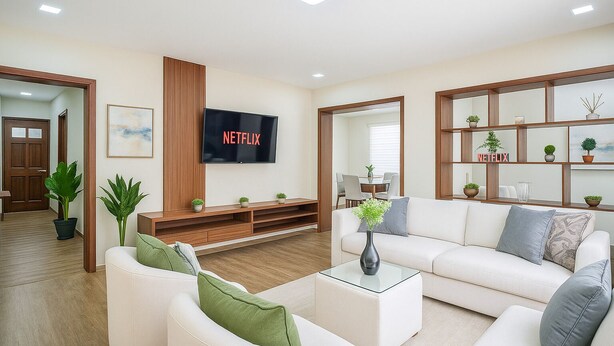 A modern living room with a flat-screen TV, white sofas, a coffee table, and a wooden entertainment unit. - Espacio premium para grupos, a 2 min del centro (Cuenca)