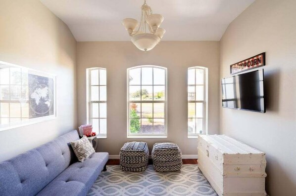 Smart TV, fireplace, books