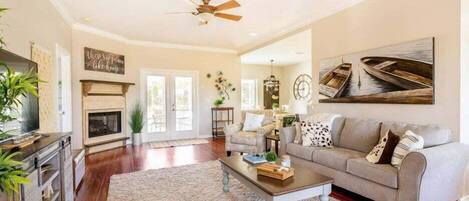 Smart TV, fireplace, books