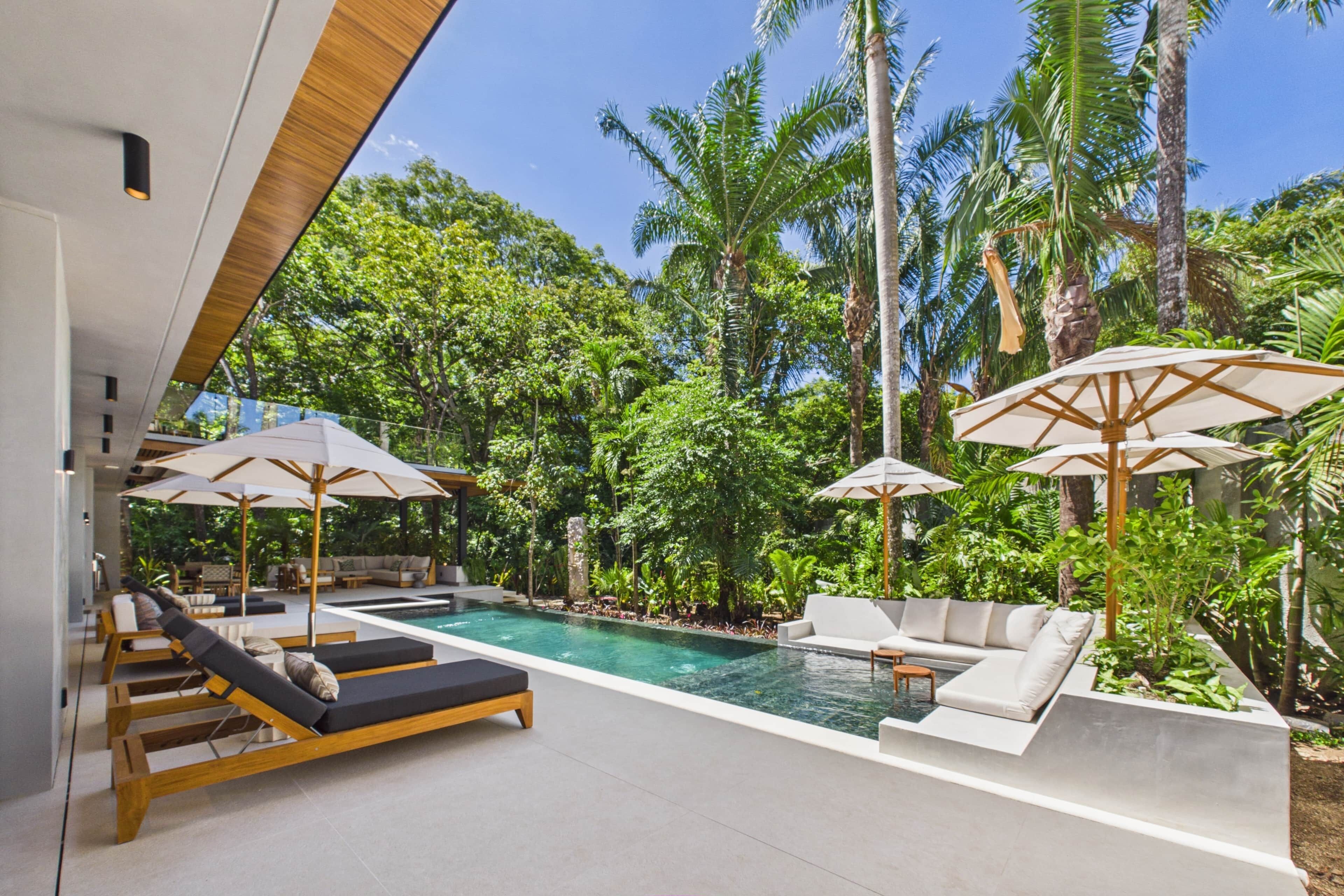Un espace piscine extérieur moderne, doté de chaises longues et de parasols, et entouré d’une végétation tropicale luxuriante.