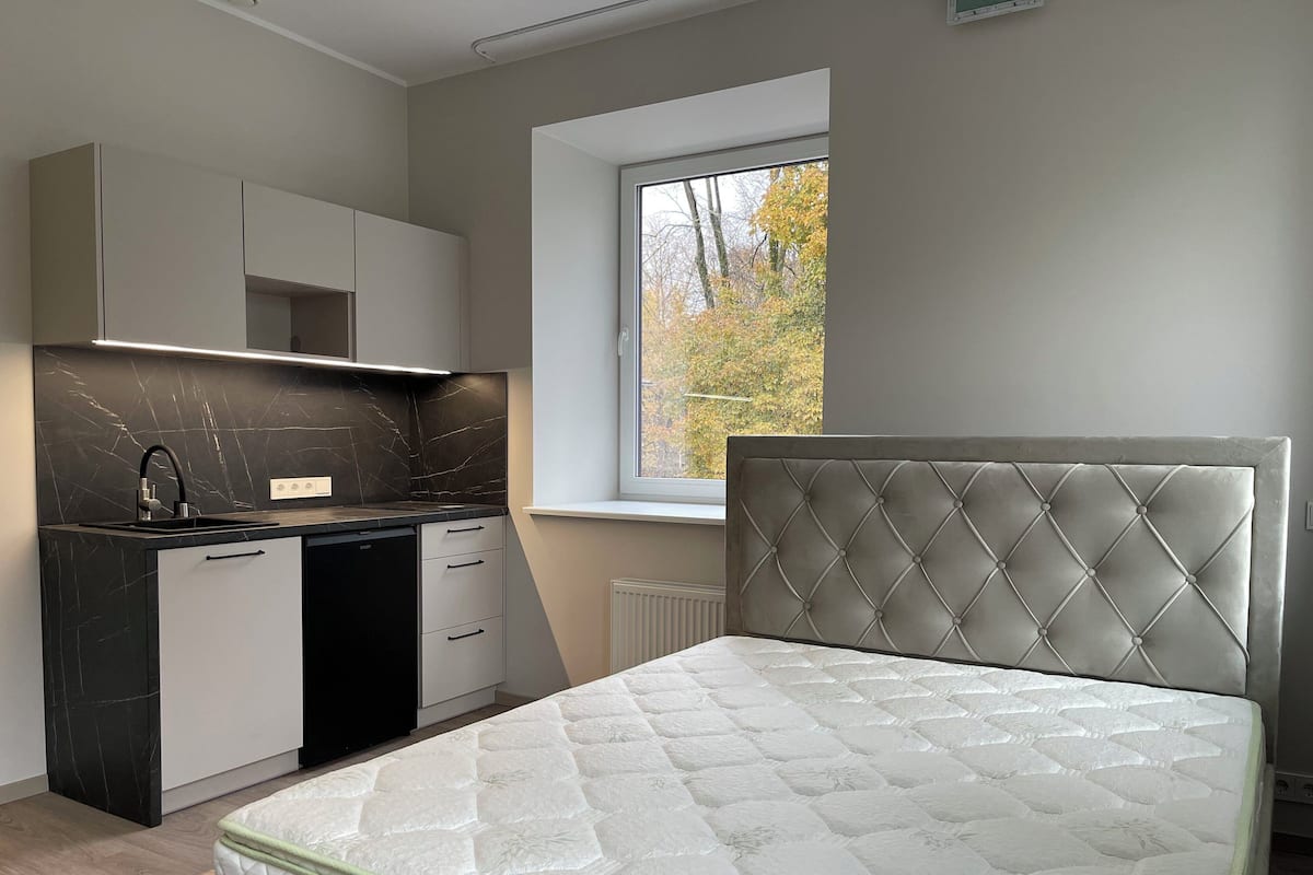 Een slaapkamer met een bed, een raam, een kitchenette en een radiator.