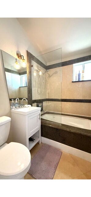Hair dryer, towels, soap, toilet paper