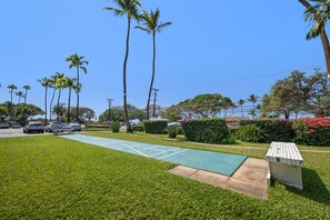 A well-maintained lawn with a shuffleboard court, palm trees, and a small gazebo.