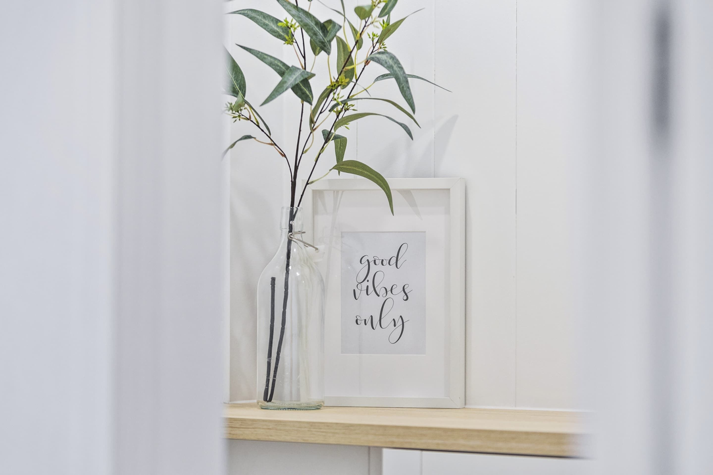 A framed sign with the text "good vibes only" and a glass vase with a plant on a shelf.