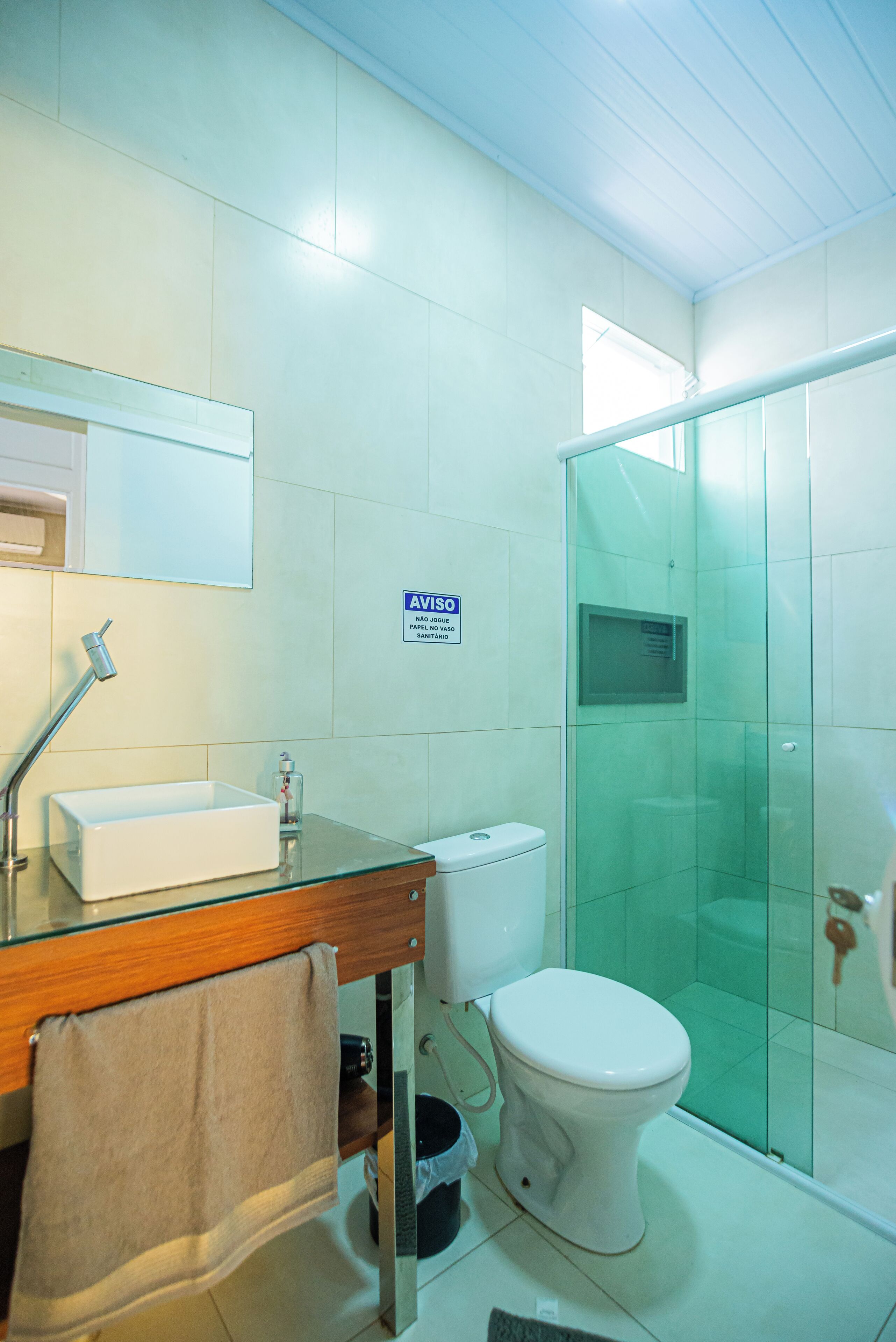A bathroom with a glass shower enclosure, a white toilet, and a sink with a mirror above it.