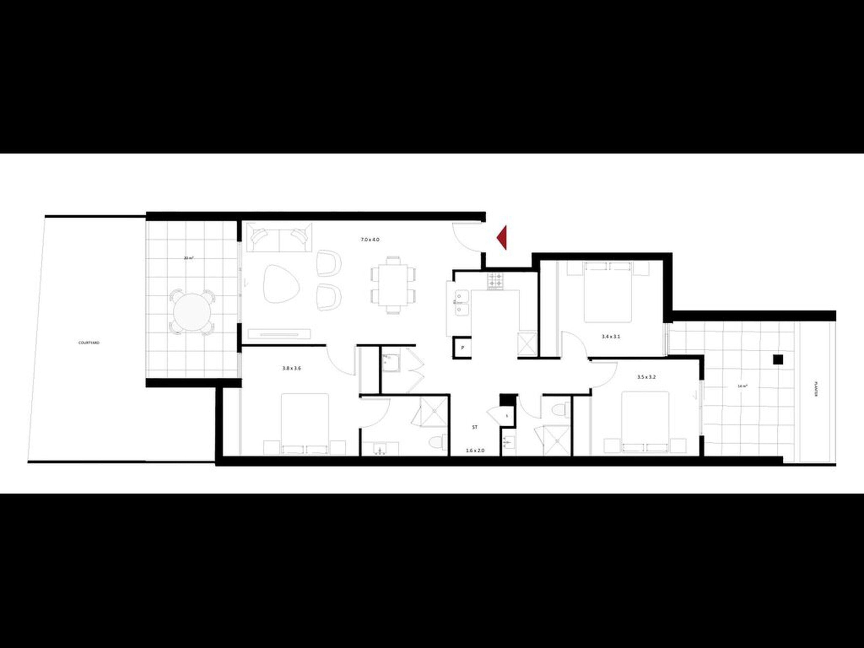 A floor plan of a hotel with a courtyard, multiple bedrooms, a dining area, and a kitchen.