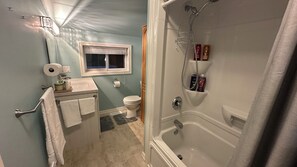 Hair dryer, towels, soap, shampoo