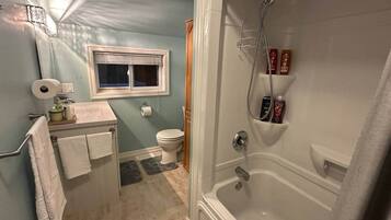 Hair dryer, towels, soap, shampoo