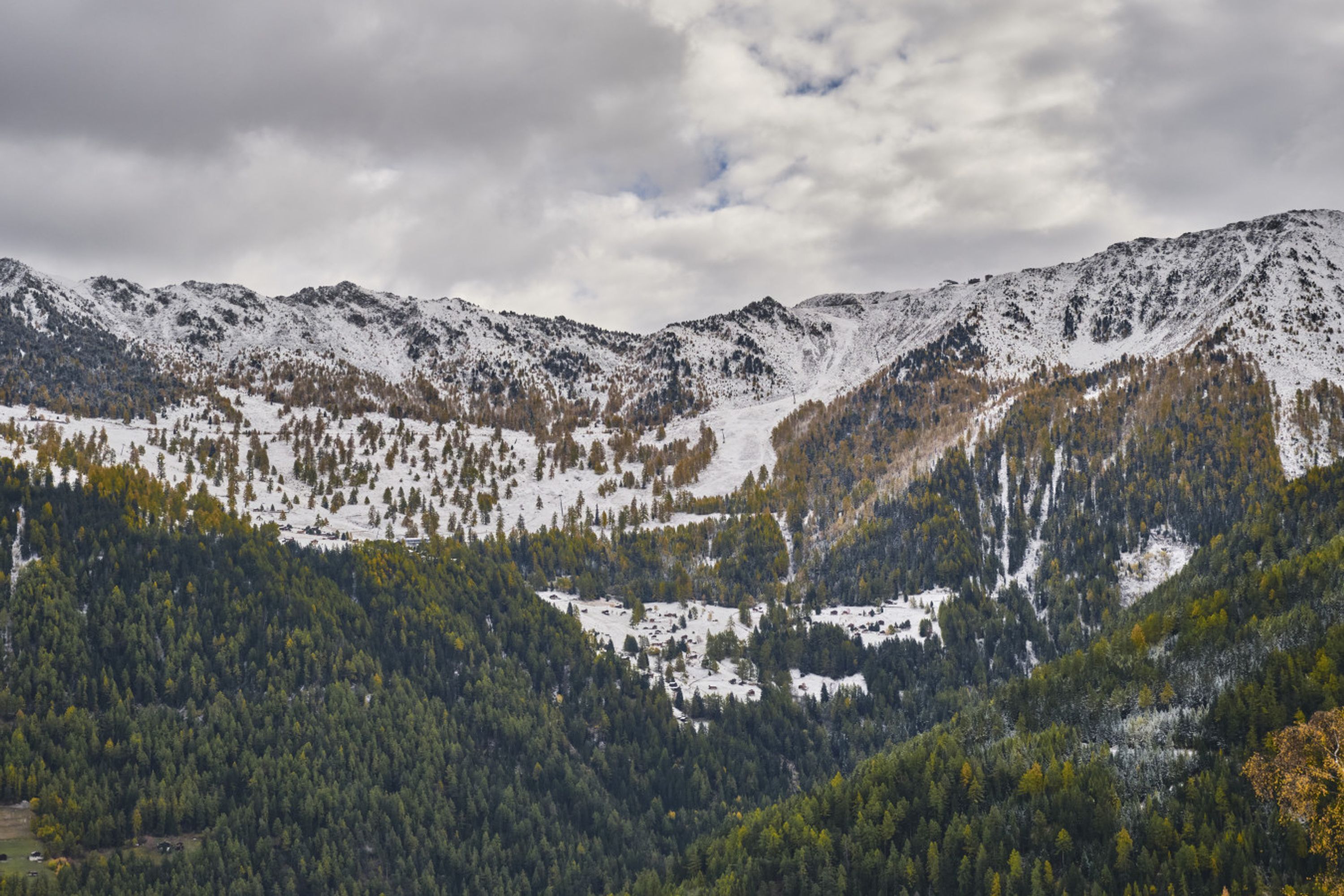 Un paisaje montañoso con picos nevados y densos bosques.