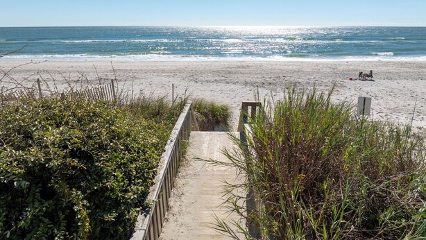 A beach pathway leading to the ocean with a wooden fence and vegetation on either side. - Enjoy a relaxing stay at Lazy Days, Public Pool, Beach Access, short walk to Park (Surf City)