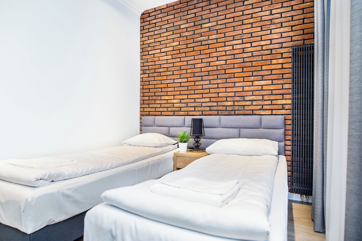 Une chambre moderne avec deux lits simples, un mur d’accent en briques, une tête de lit grise et une petite table de chevet avec une lampe et une plante.