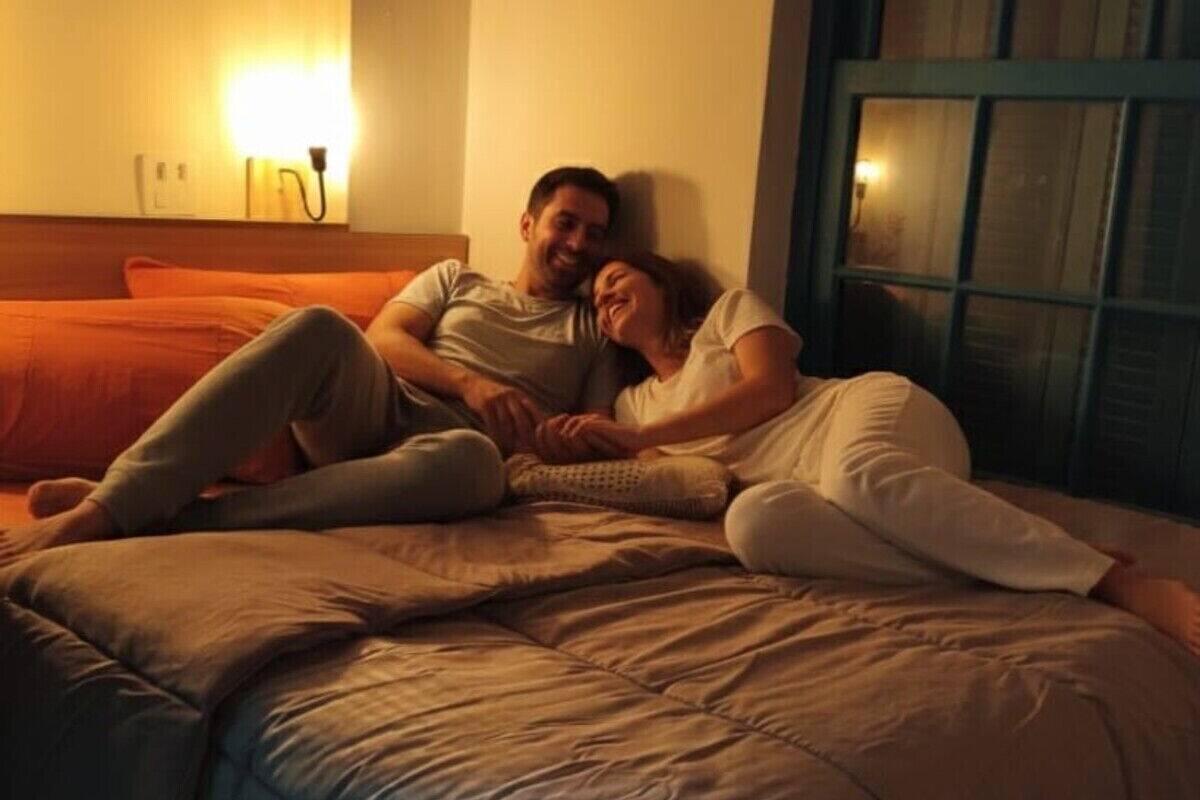 Una coppia sdraiata su un letto in una camera d'albergo, con un'ampia finestra e una lampada fissata al muro.