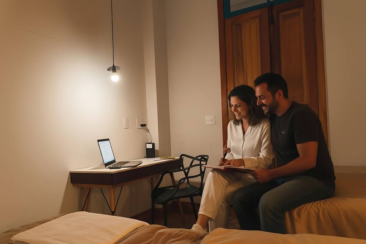Una camera da letto con un letto, una scrivania con un portatile e una sedia.