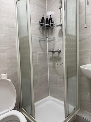 Regadera, secadora de cabello, toallas, jabón