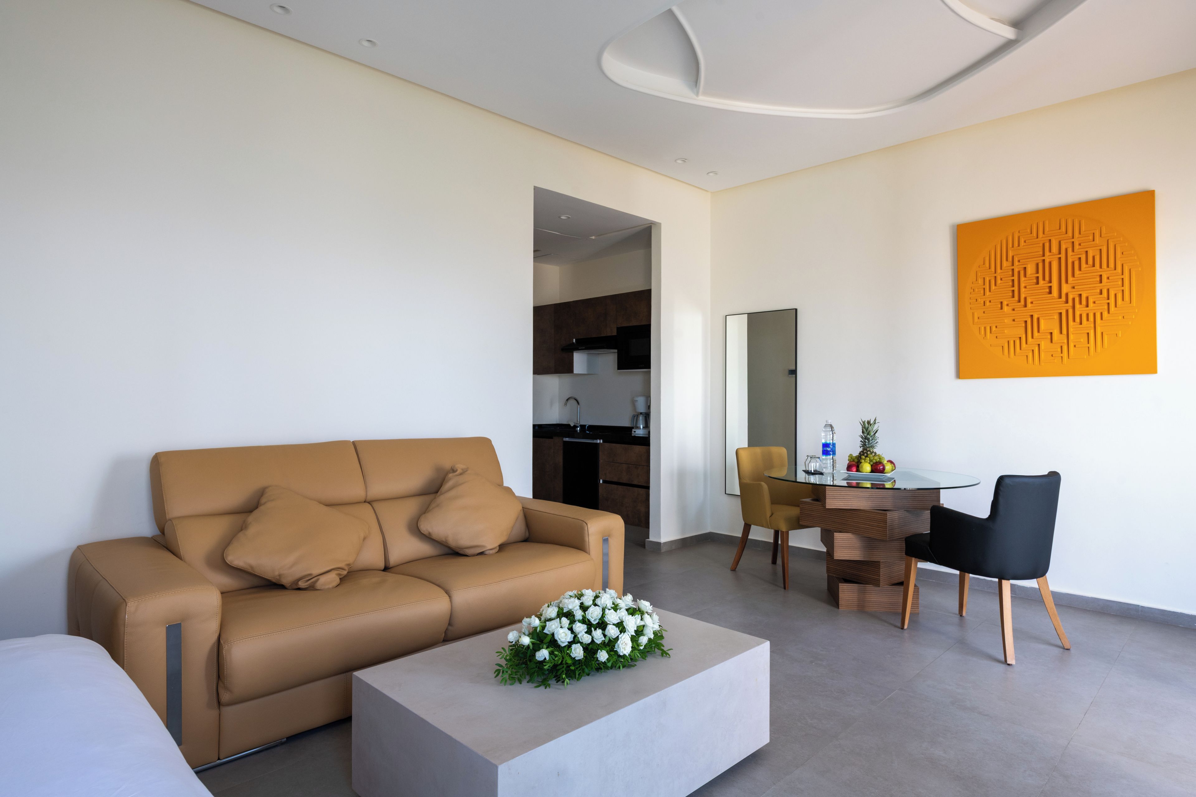 Una sala de estar moderna con un sofá, una mesa de centro y un comedor.
