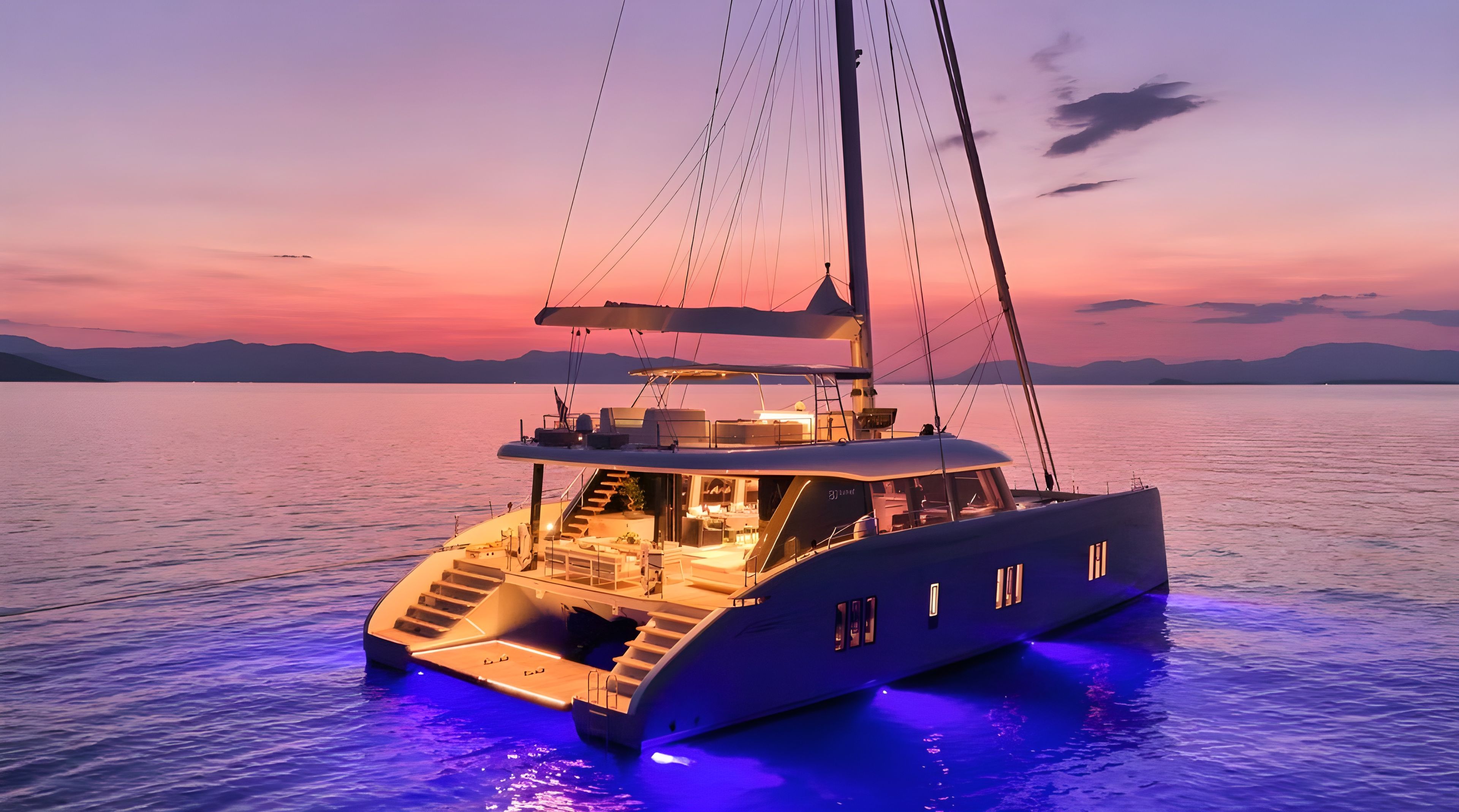 A yacht with a spacious deck, multiple levels, and a helipad, set against a sunset backdrop.
