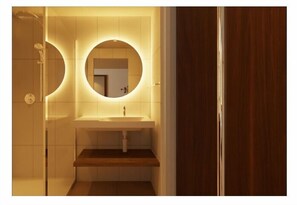 Shower, rainfall showerhead, eco-friendly toiletries, hair dryer