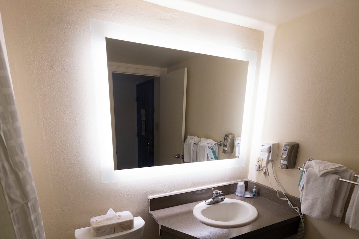 A bathroom with a toilet, sink, and mirror.