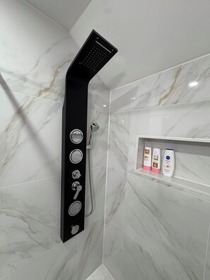 Shower, hair dryer, towels, soap