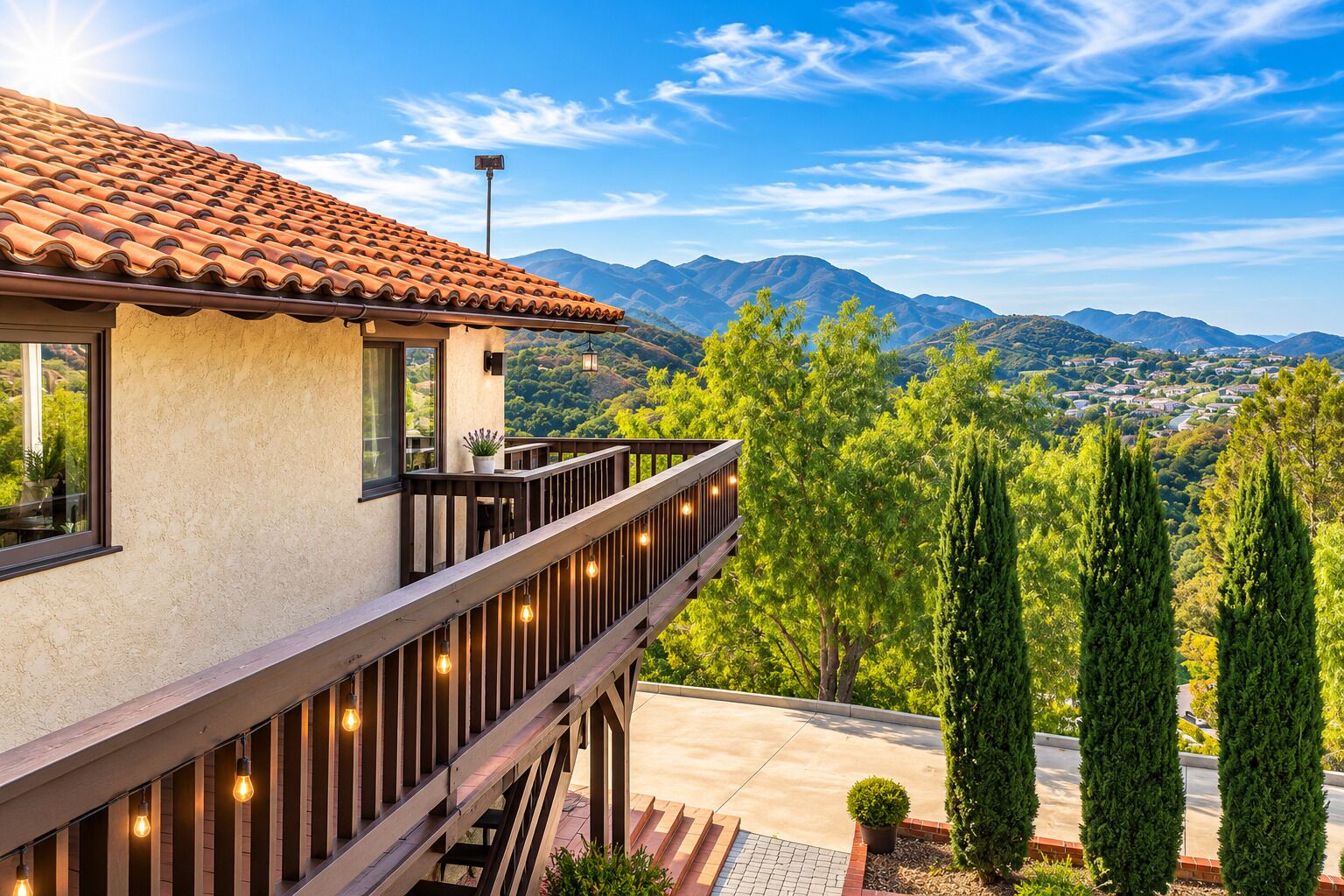 A building with a balcony overlooking a mountainous landscape.