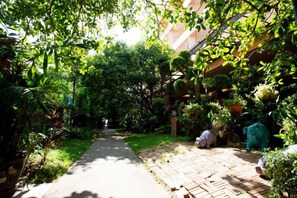 Un chemin bordé d’une végétation luxuriante et de plantes en pot, qui mène à un bâtiment doté d’une entrée abritée.