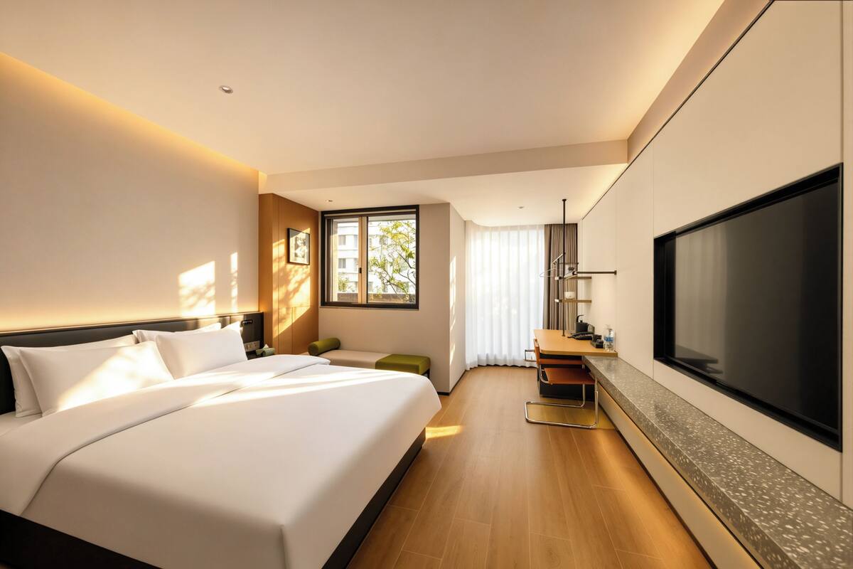 A modern hotel room with a large bed, a flat-screen TV, a desk, and a window with blinds.
