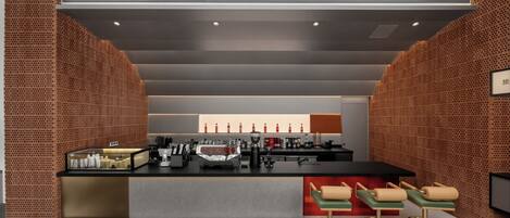 A modern bar area with a counter, stools, and a barista station.