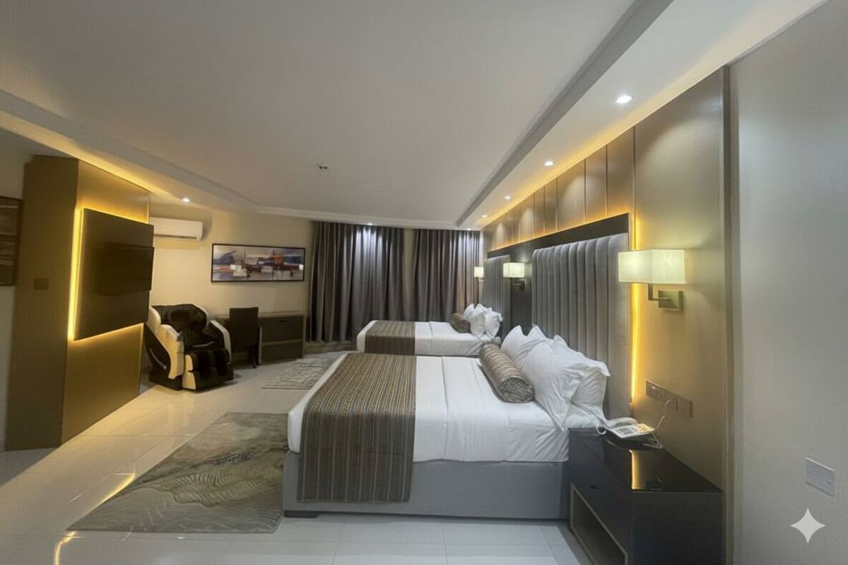 Kahden hengen luksushuone (kaksi sänkyä) | Työpöytä, kannettavalle tietokoneelle sopiva työtila, ilmainen Wi-Fi