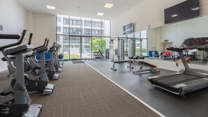 A gym with treadmills, elliptical machines, and weight equipment.