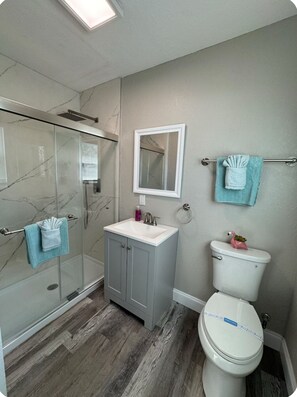 Suihku, hiustenkuivaaja, pyyhkeet, sampoo