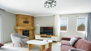 A modern living room with a fireplace, a flat-screen TV, and a sofa set. - To Have a Peacefull Holidat in Dalyan Villa Zumra2 (Ortaca)
