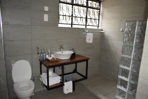 Douche, sèche-cheveux, bidet, serviettes fournies