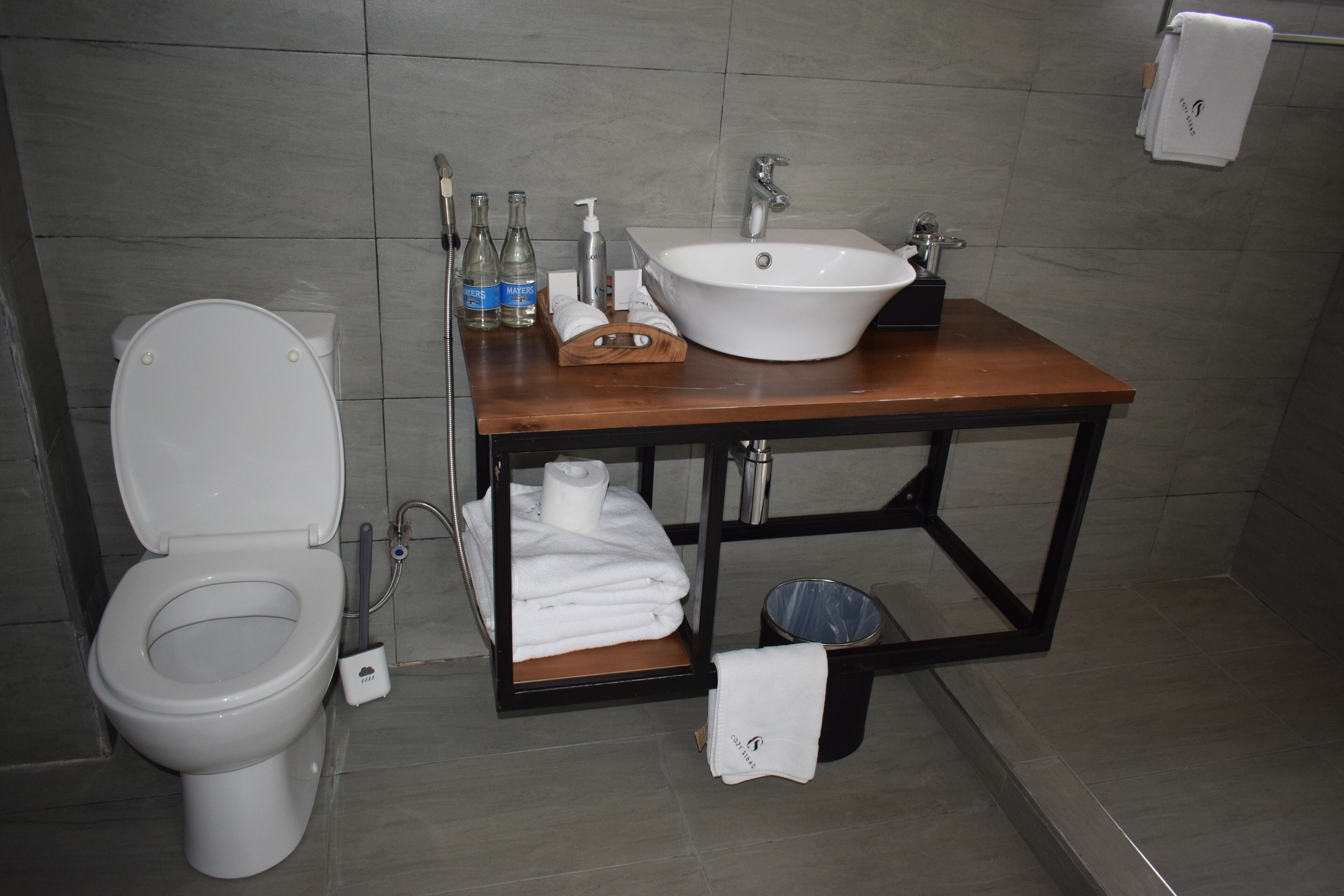 Regadera, secadora de cabello, bidet, toallas 