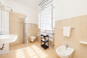 Shower, hair dryer, towels
