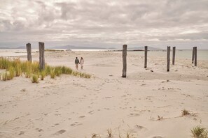 A sandy beach with wooden posts and footprints.