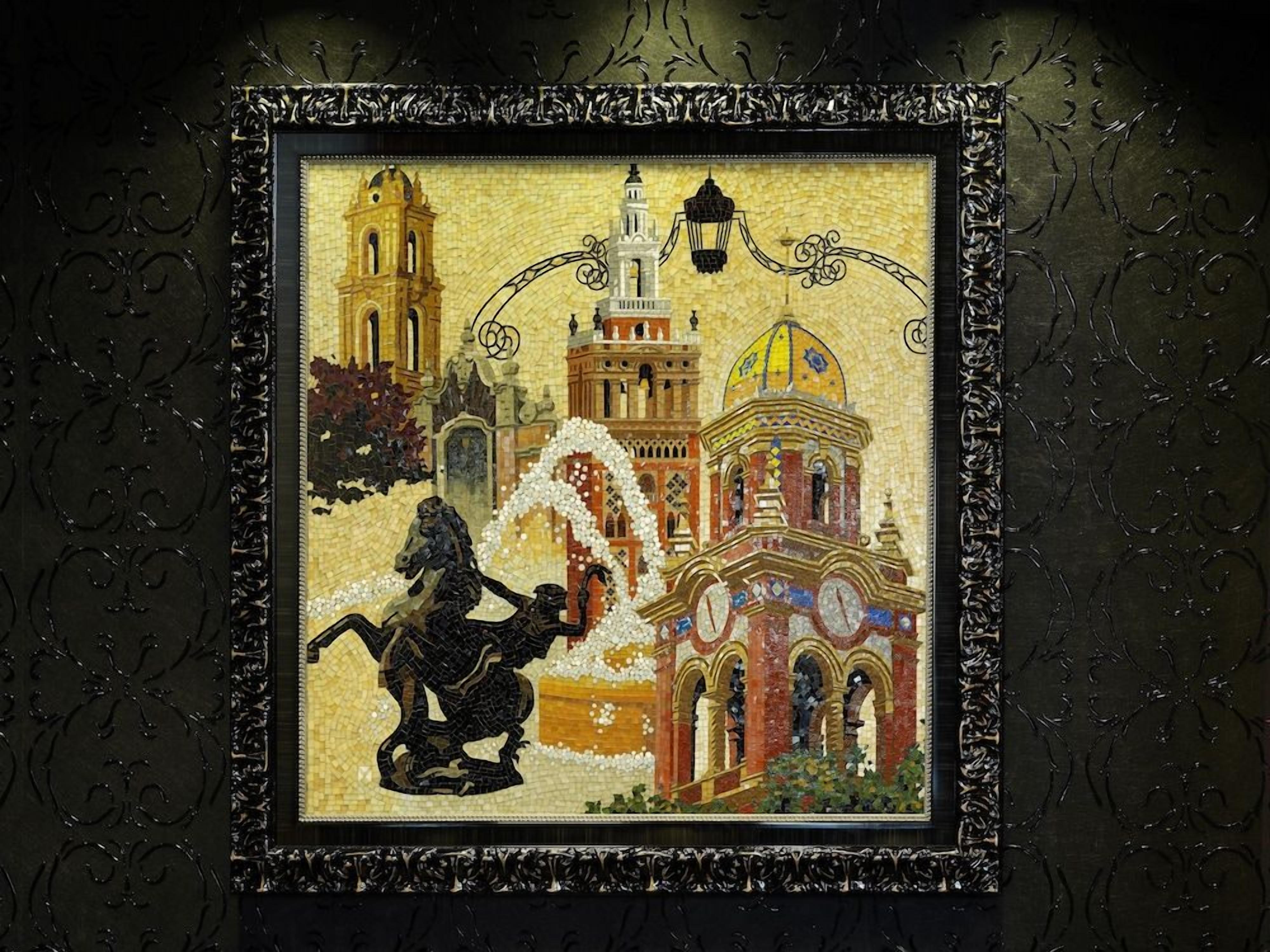 A framed mosaic artwork depicting a historical building with a bell tower and a dome, surrounded by trees.