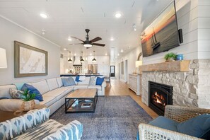 TV, fireplace, books