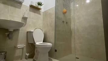 Een douche, een haardroger, handdoeken, zeep