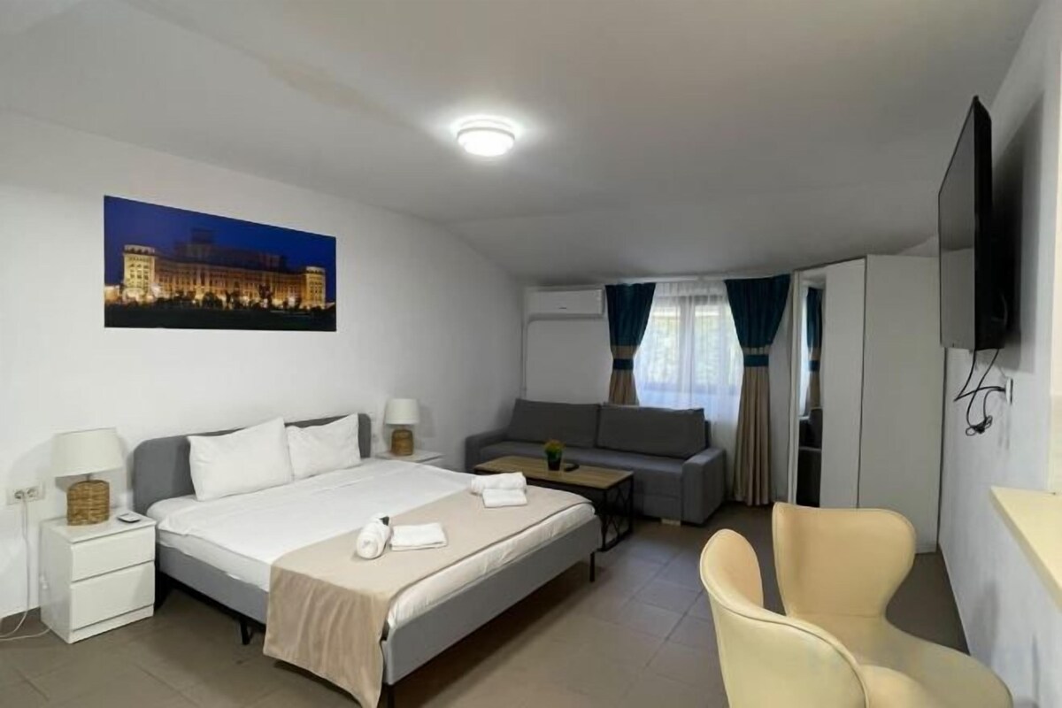 A hotel room with a bed, a sofa, a TV, and a desk.