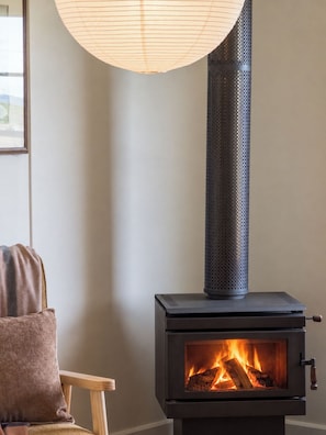 A modern fireplace with a visible fire, a wooden chair with a cushion, and a hanging light fixture.