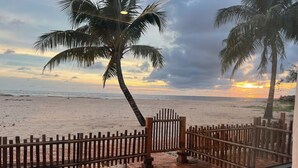 A beach view with a wooden fence and palm trees.