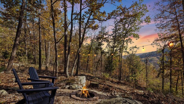 Ett skogsområde med en eldstad och två Adirondack-stolar.